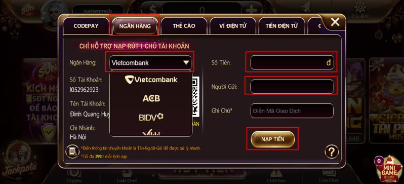 Nạp tiền Sunwin qua ngân hàng